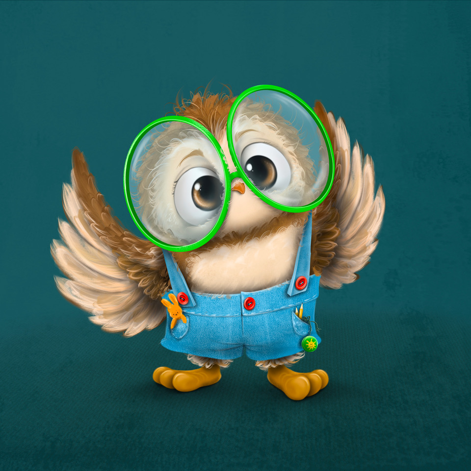 Charlie the owl in blue overalls and green glasses