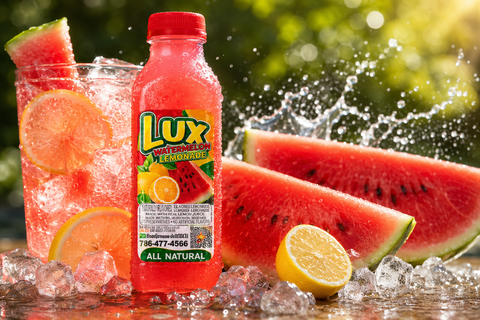 Lux Watermelon Lemonade bottle with fresh watermelon, lemons and ice