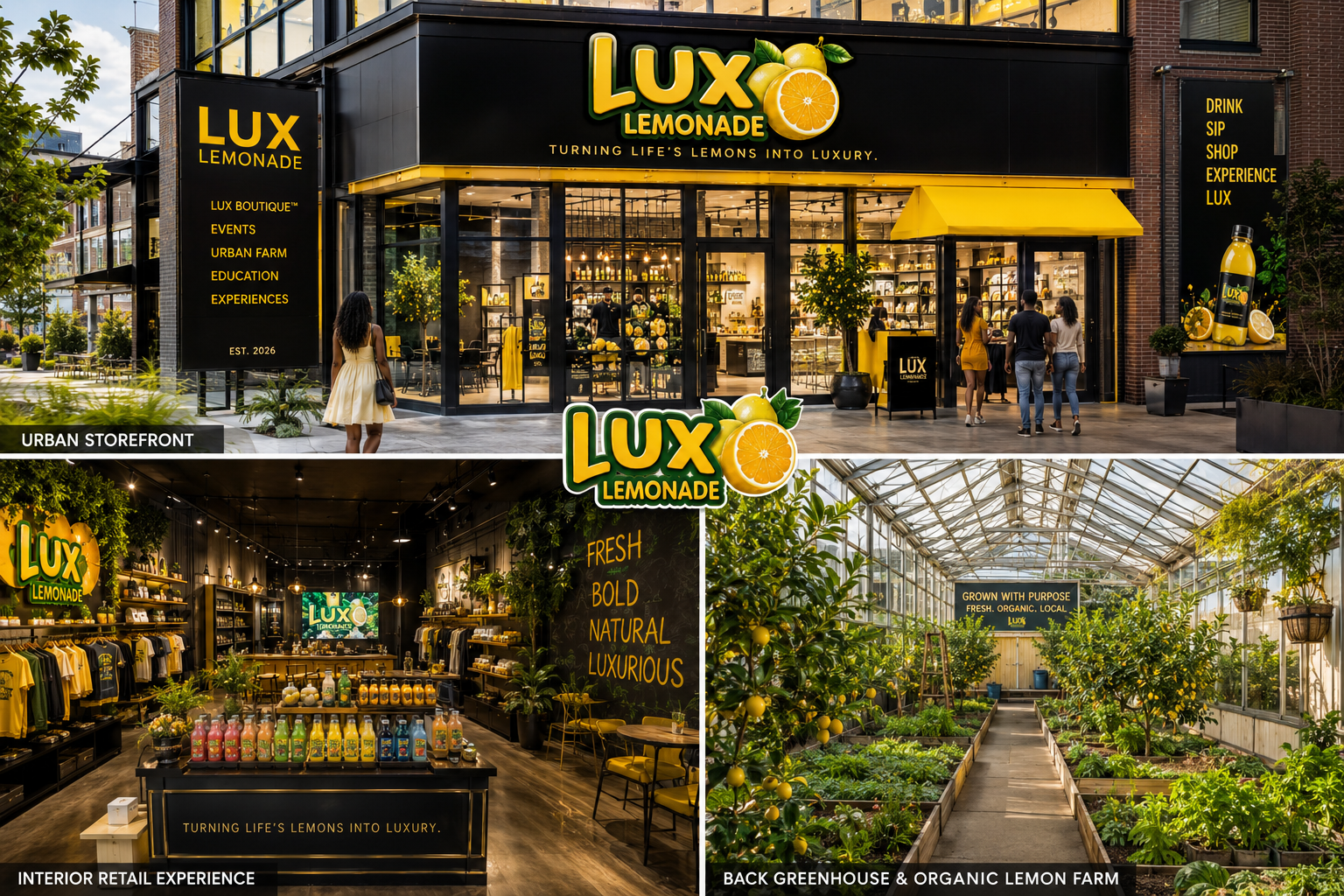 Lux Lemonade flagship storefront in Newark, NJ — black and yellow boutique
