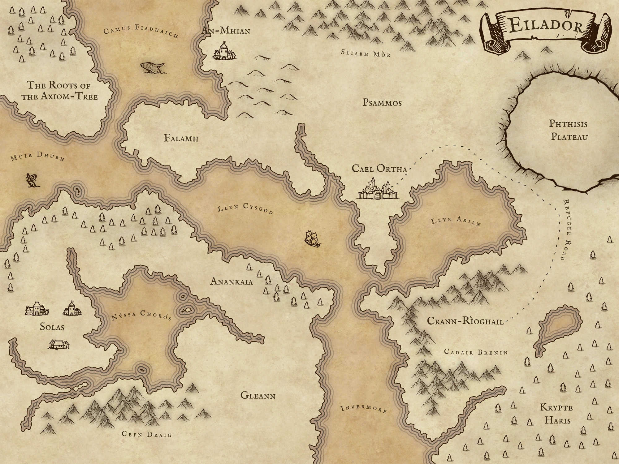 The original map of Eilador, showing Cael Ortha, Solas, An-Mhian, Falamh, Psammos, Phthisis Plateau, and the surrounding lands and waters.