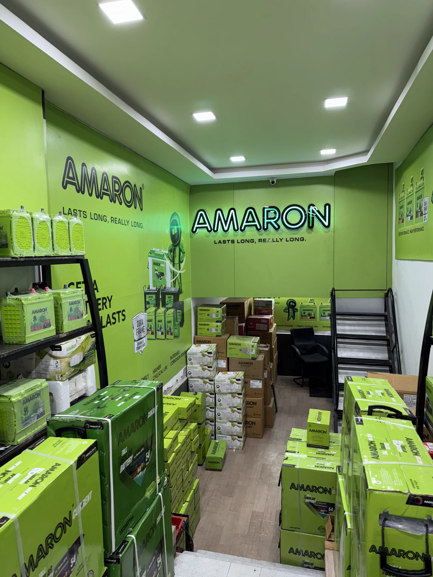 Amaron neon signage inside Bharat Battery House
