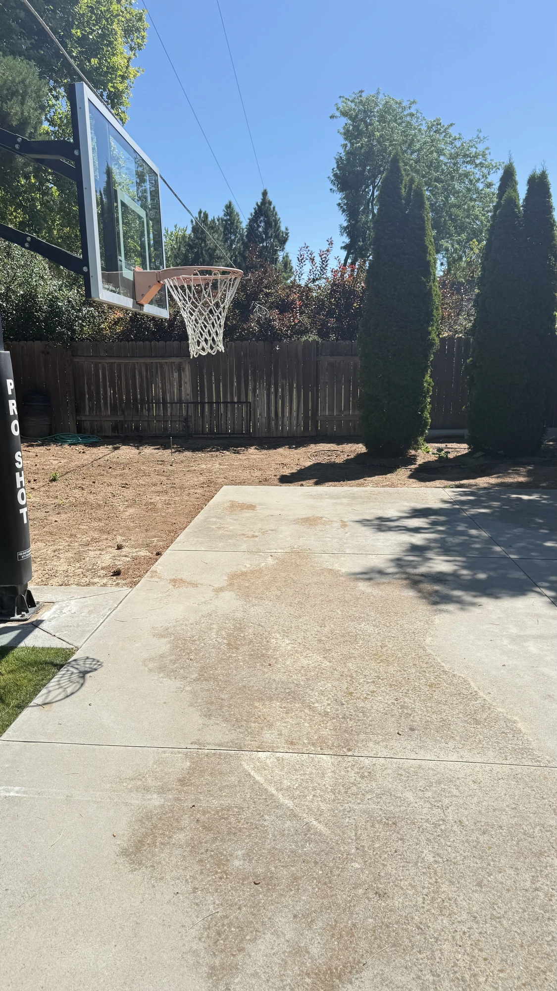 Backyard basketball court concrete before and after pressure washing in the Treasure Valley before cleaning