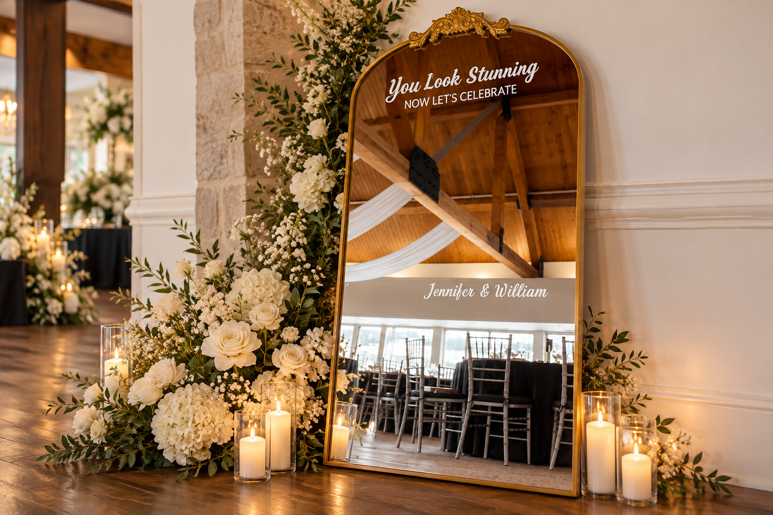Gold arched welcome mirror hand-lettered for a Crystal Lake, IL wedding