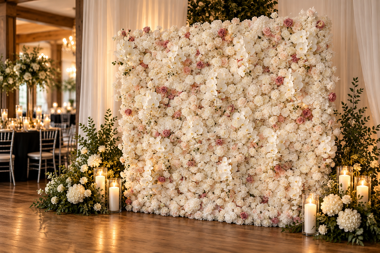 Ivory and blush flower wall rental styled with candles at a Northern Illinois wedding reception