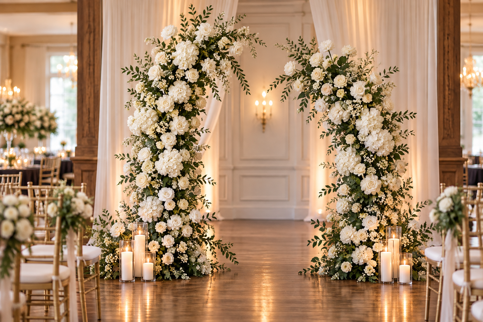 Twin floral wedding arch rental in ivory and greenery for a Northern Illinois ceremony