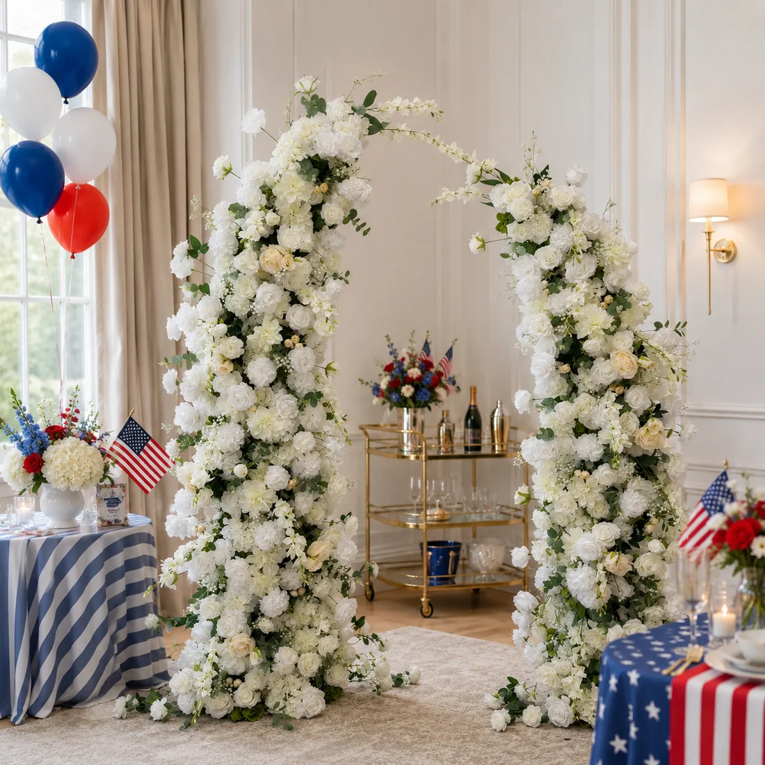 White rose floral arch styled at a celebration