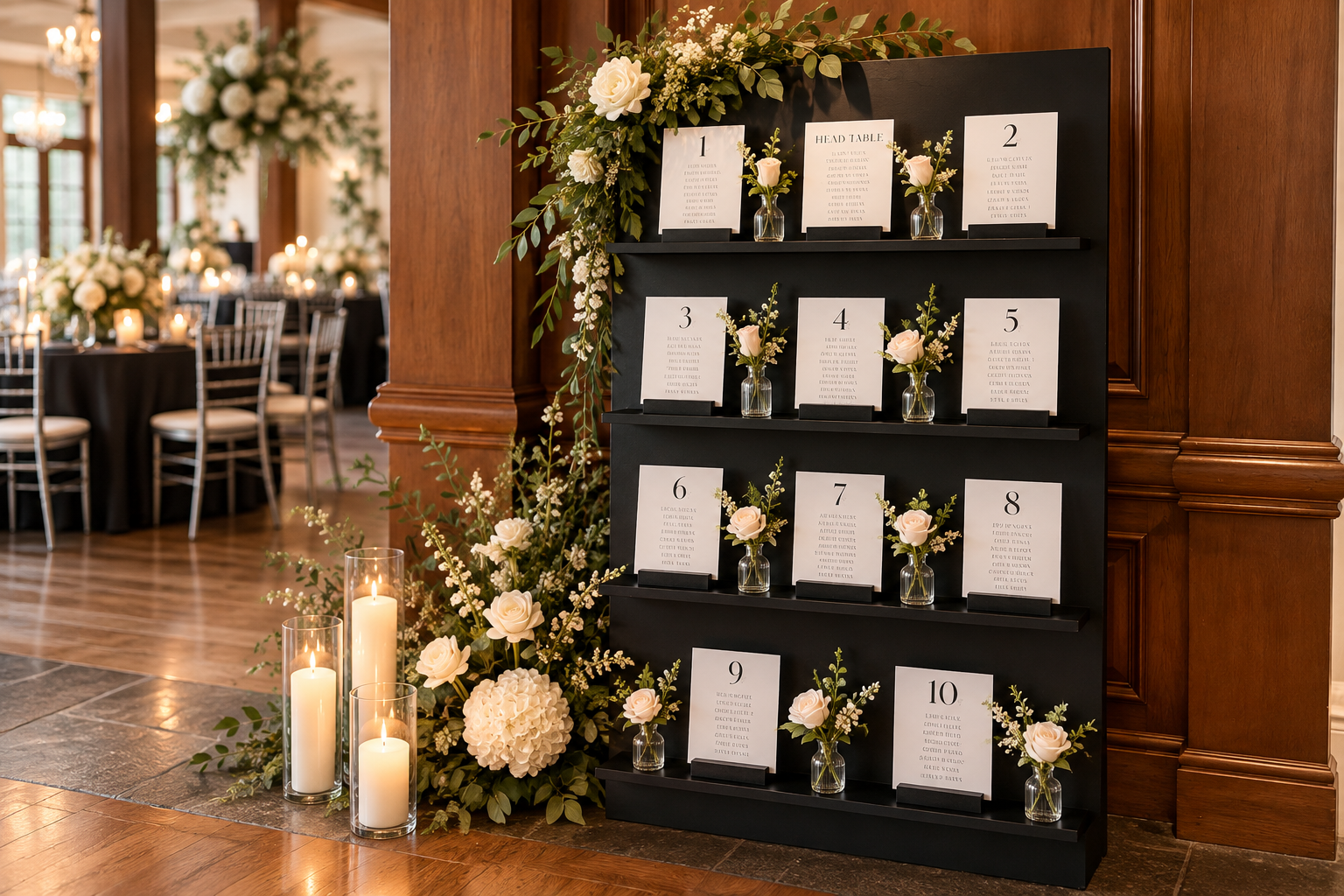 Black tiered seating chart stand styled with ivory florals at a Northern Illinois wedding