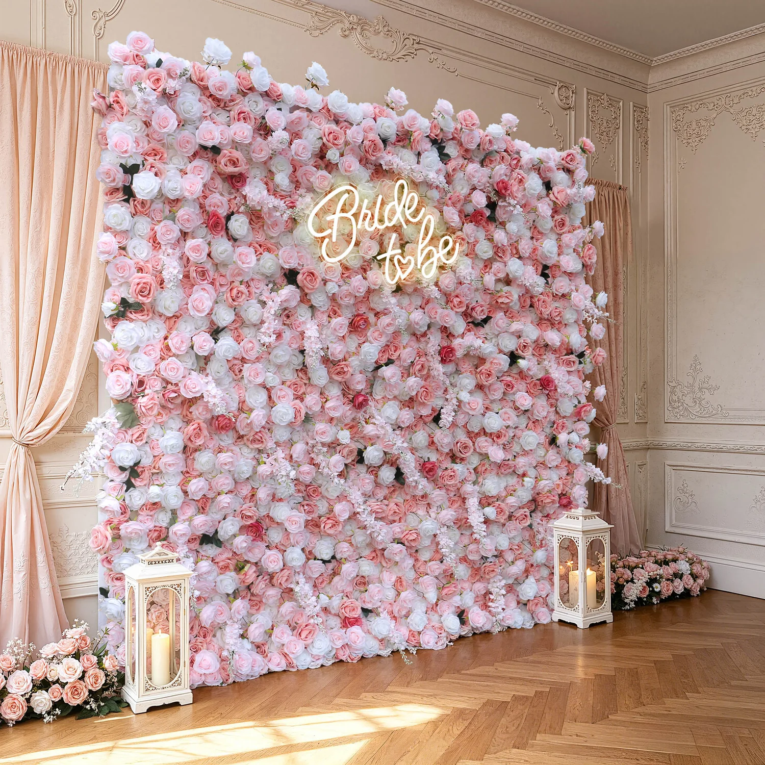Pink flower wall — full studio view