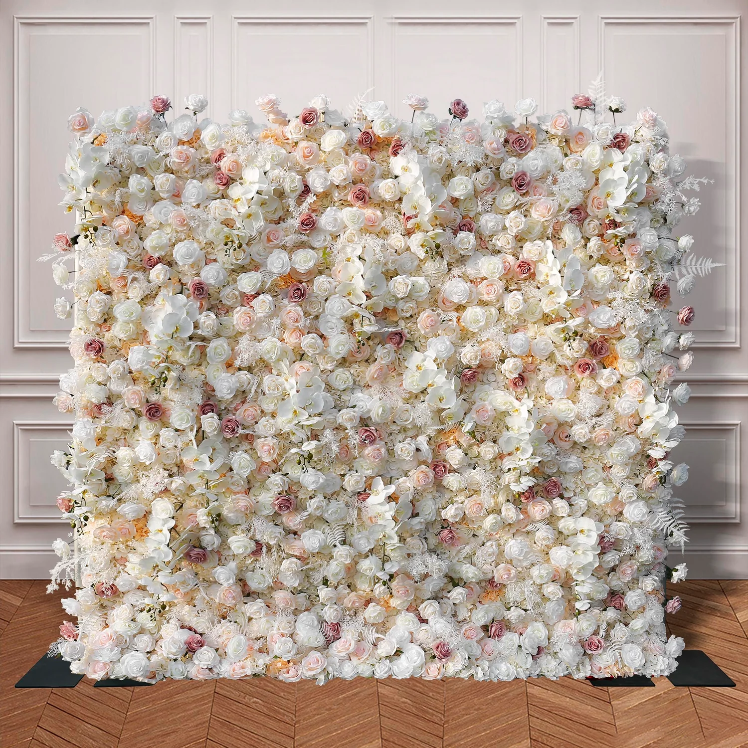 Champagne flower wall in ivory + blush blooms with orchid and fern accents