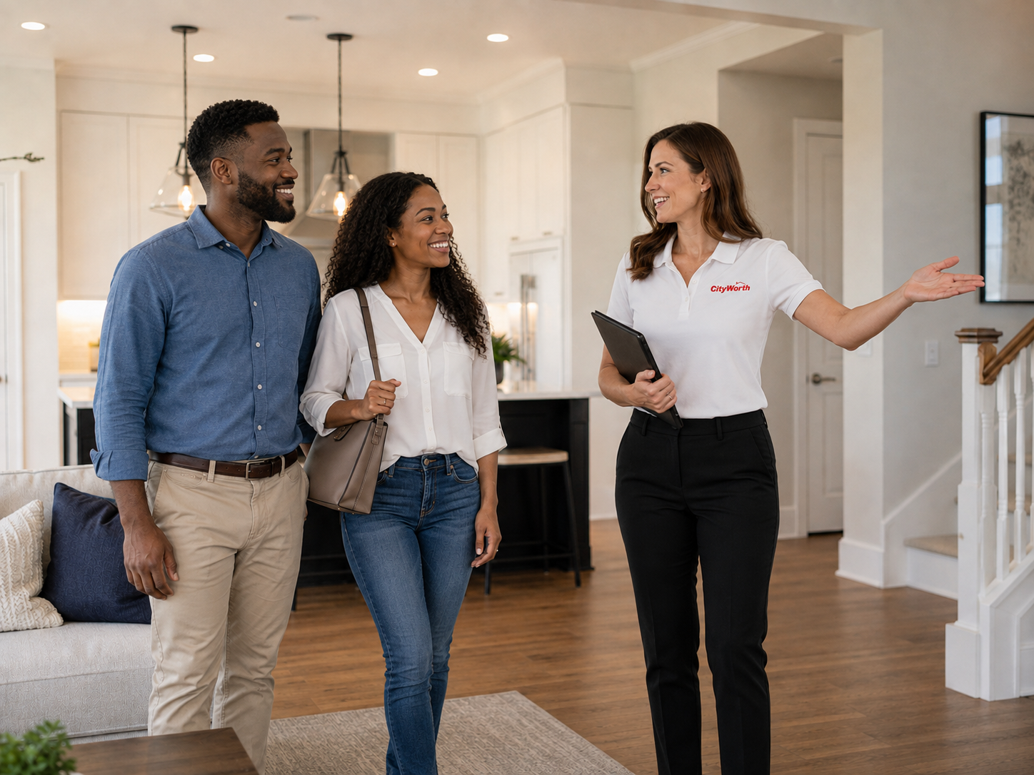 A CityWorth Home Showing Assistant giving a young couple a tour of a home
