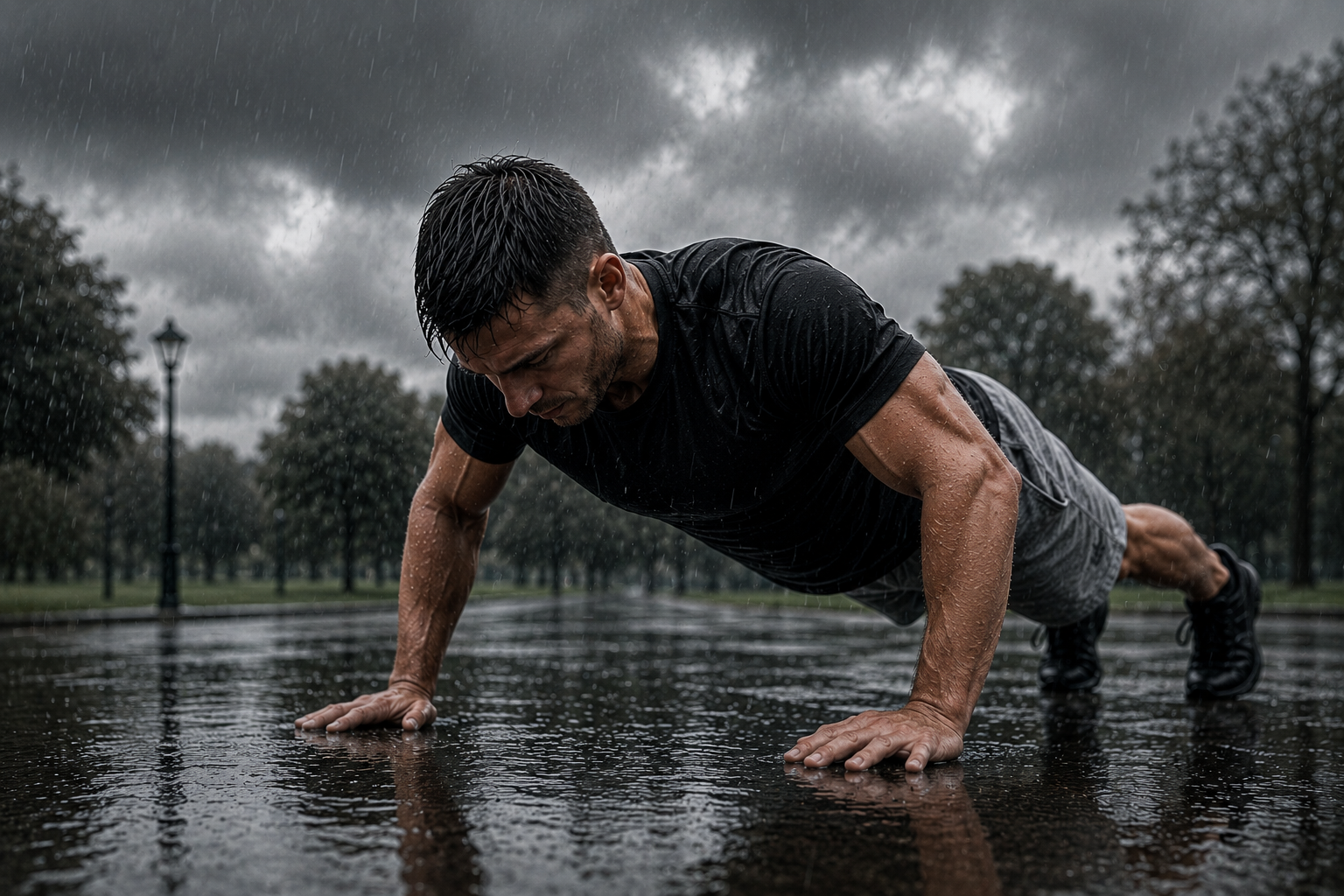 Press-up in the rain — a quiet moment of preparation