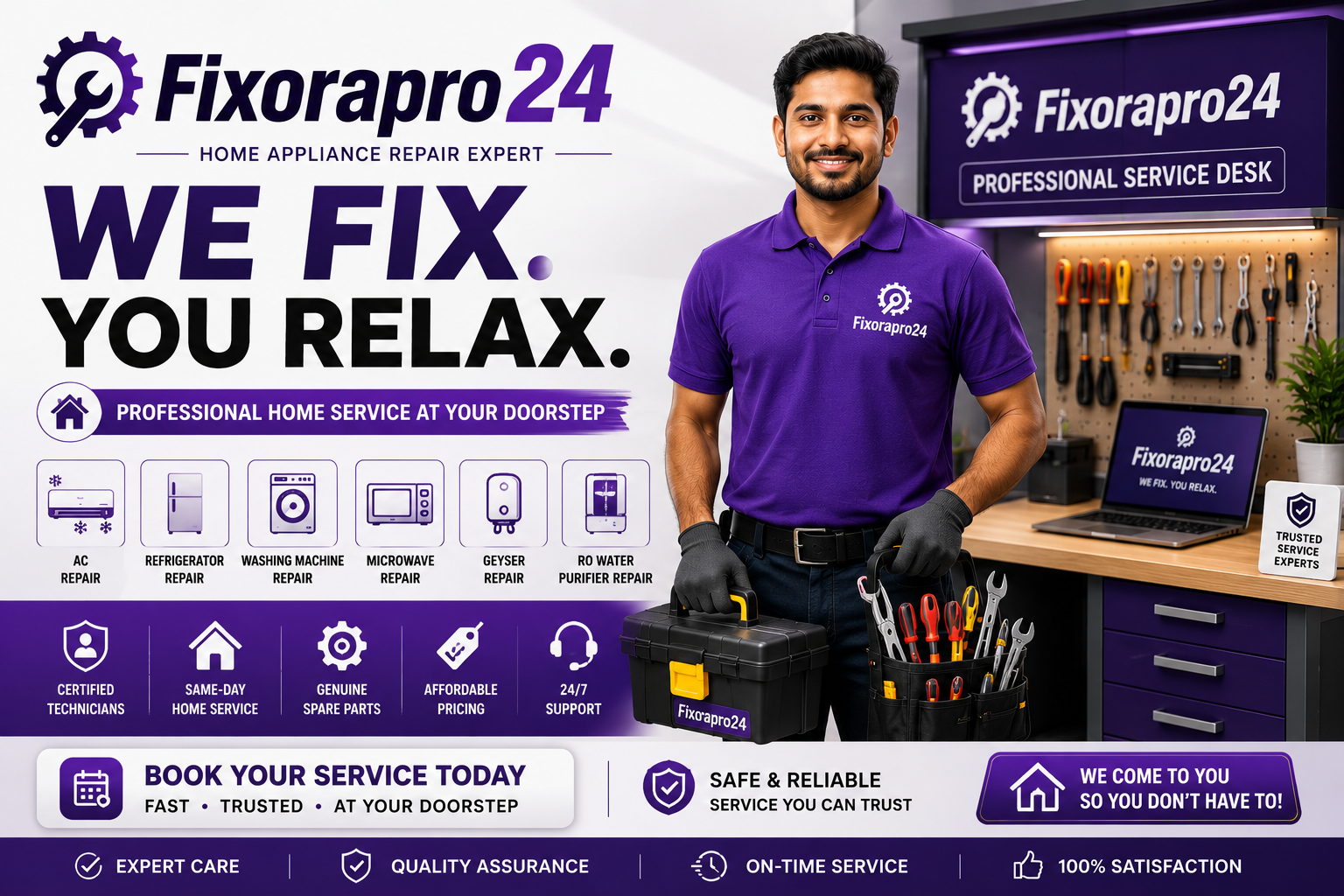 FixoraPro24 — Home Appliance Repair Expert. We Fix. You Relax. Professional home service at your doorstep — AC, refrigerator, washing machine, microwave, geyser, RO water purifier.