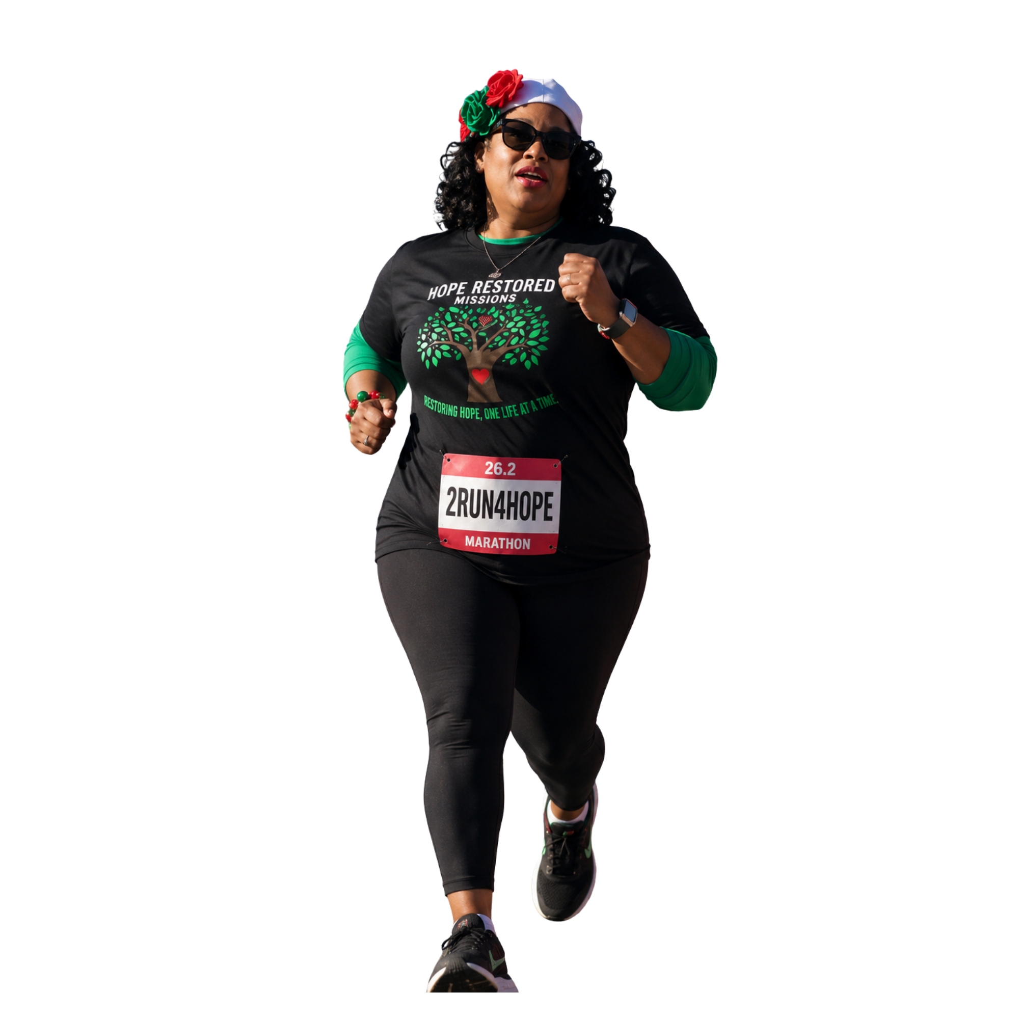 The CEO of Hope Restored Missions running in her 2Run4Hope race gear