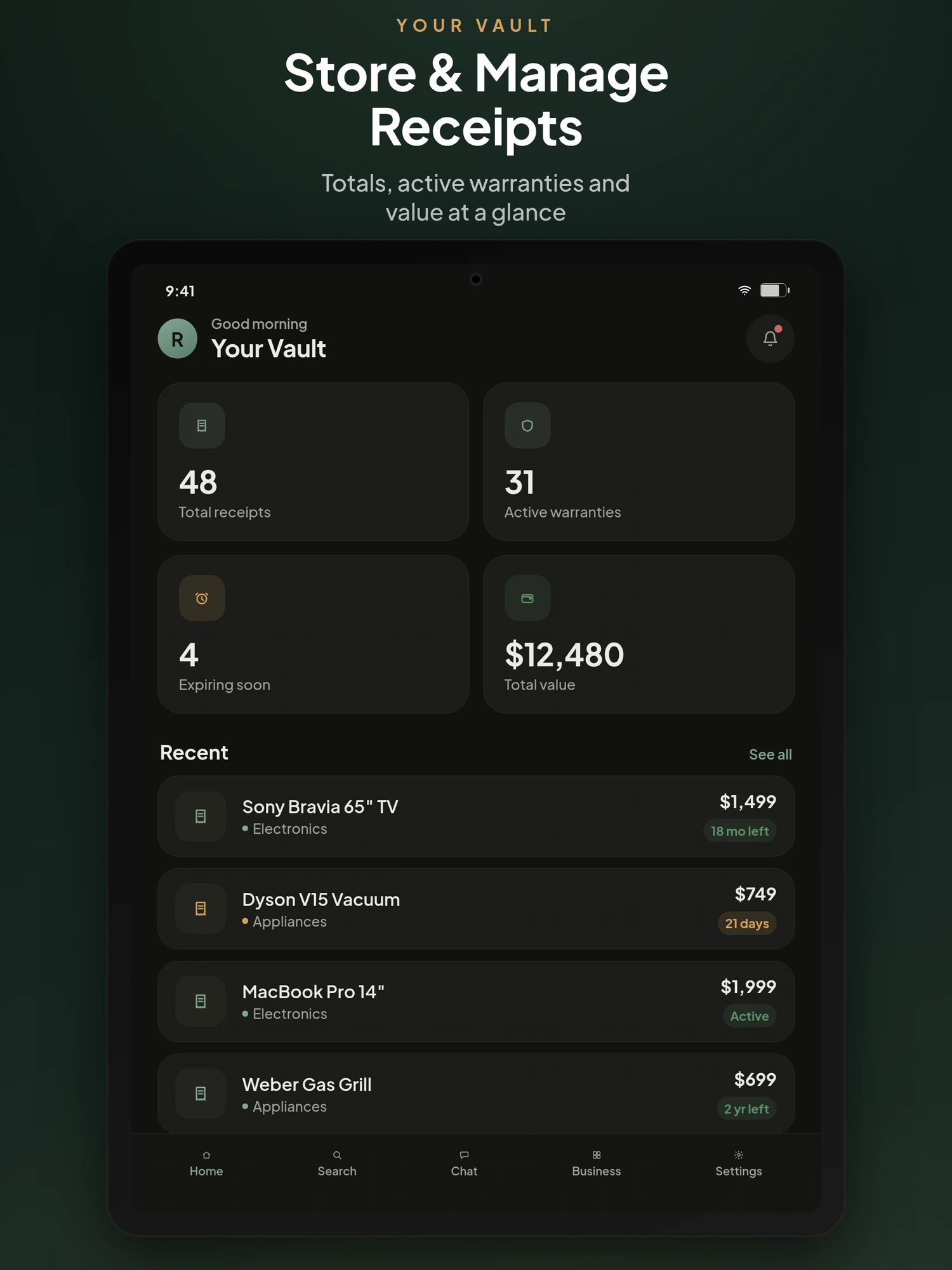 Warranty_Vault pro app dashboard showing receipts, active warranties and total value