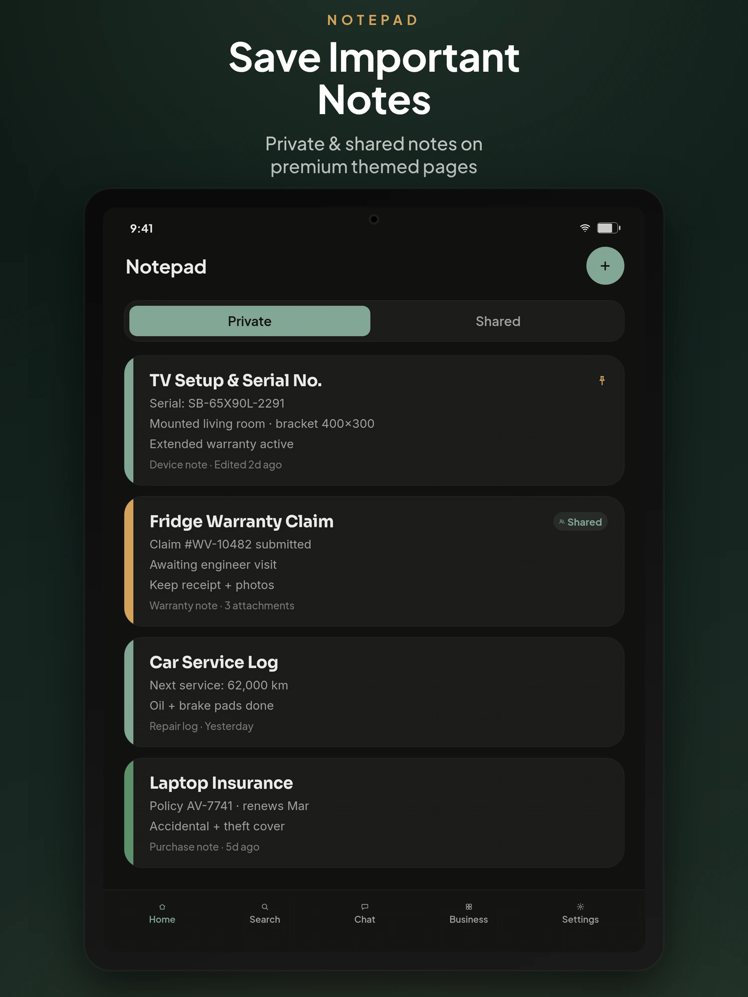 Save Important Notes — Warranty_Vault pro app screen