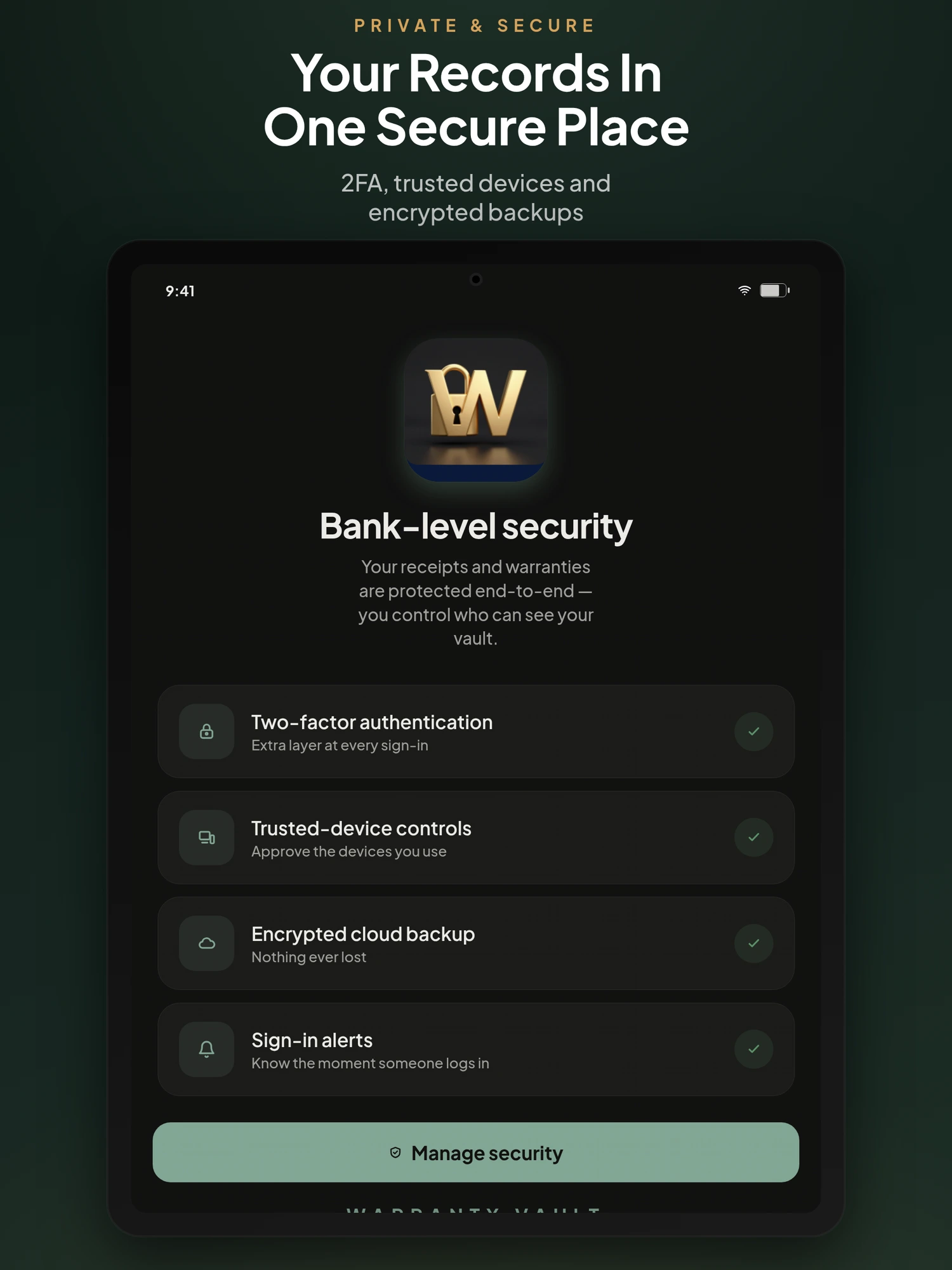 Your Records In One Secure Place — Warranty_Vault pro app screen