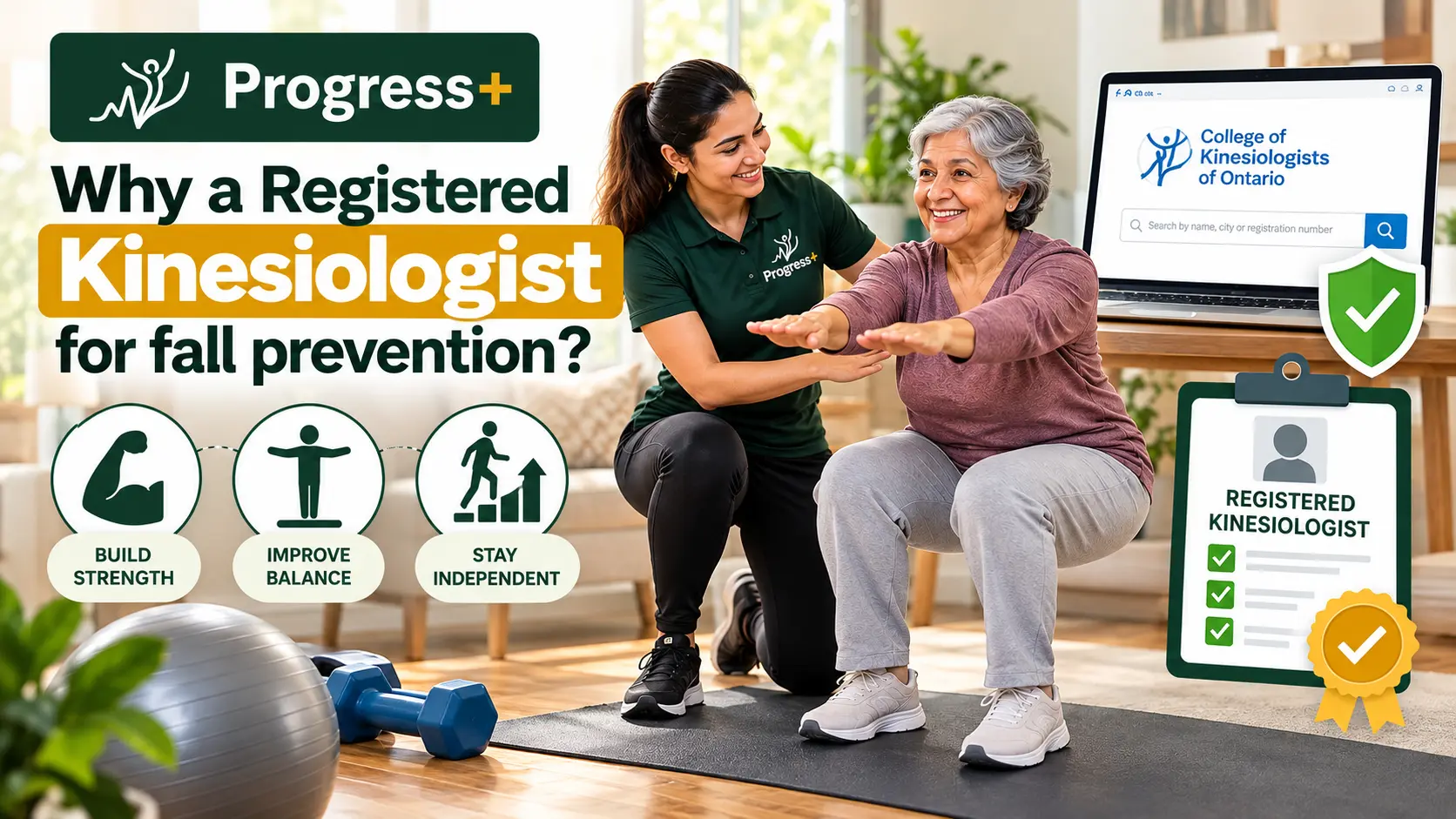 Registered Kinesiologist helping a Markham senior build strength and balance at home, with the College of Kinesiologists of Ontario public register.