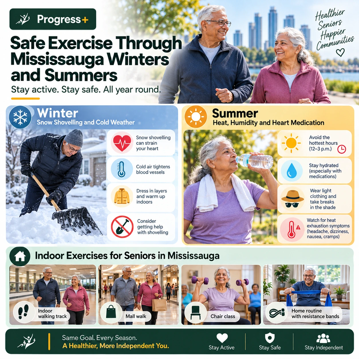 Safe exercise through Mississauga winters and summers — snow shovelling risks, summer heat precautions, and indoor options