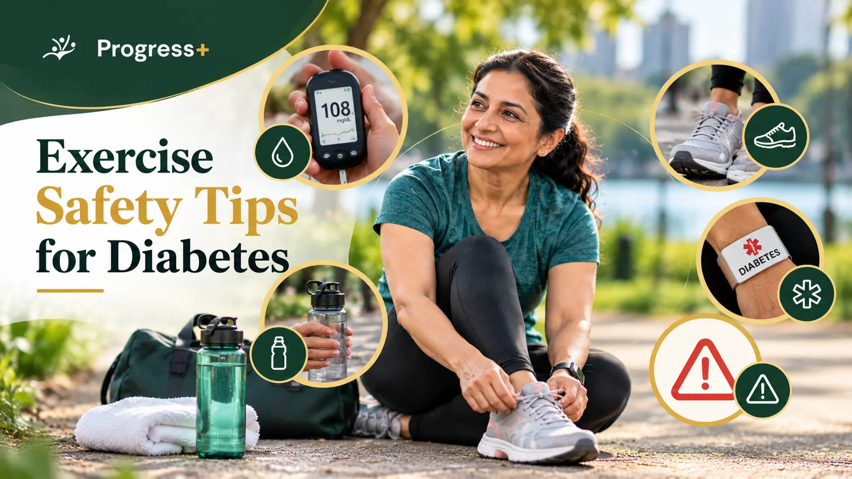 Exercise safety tips for diabetes in Markham, blood sugar monitoring, hydration, a medical alert bracelet and proper footwear.