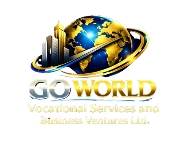 Go World logo: gold globe with city skyline and orbit ring