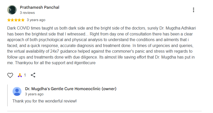 Google review by Prathamesh Panchal describing Dr. Mugdha's accurate diagnosis and 24x7 guidance during COVID times