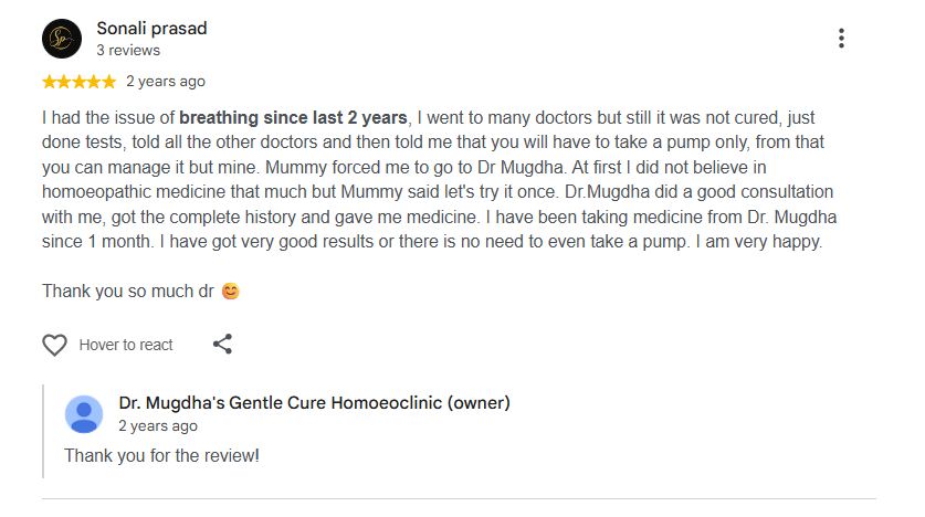 Google review by Sonali Prasad about her two-year breathing issue improving without a pump after Dr. Mugdha's treatment