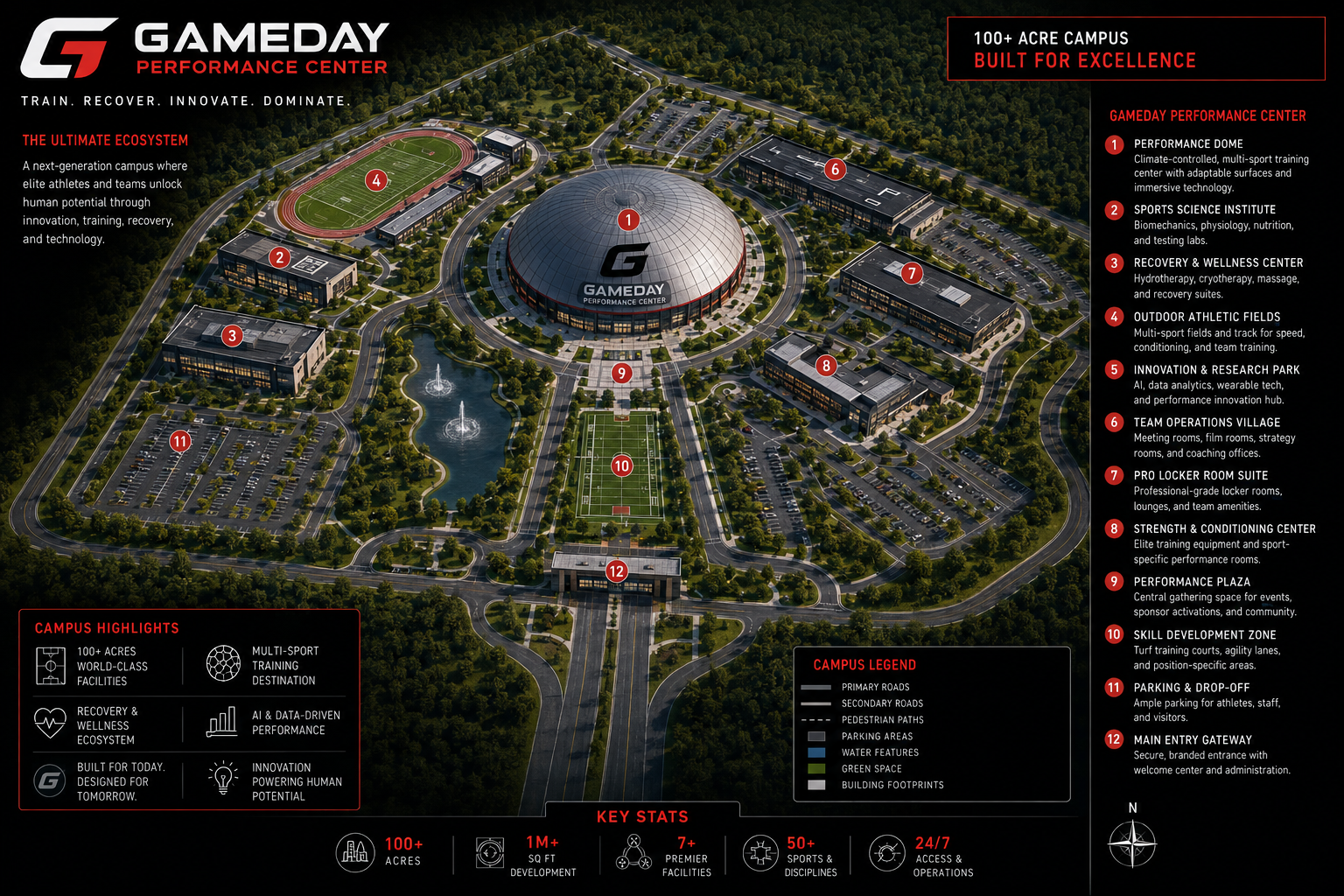 GAMEDAY Performance Center proposed campus board with numbered facility callouts.