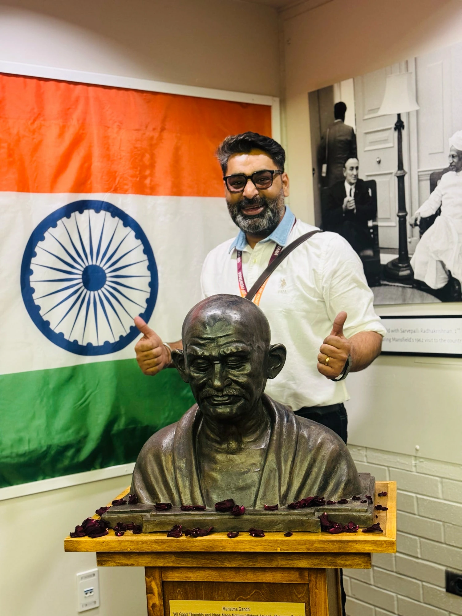 Homage at the Gandhi bust, Mansfield Center