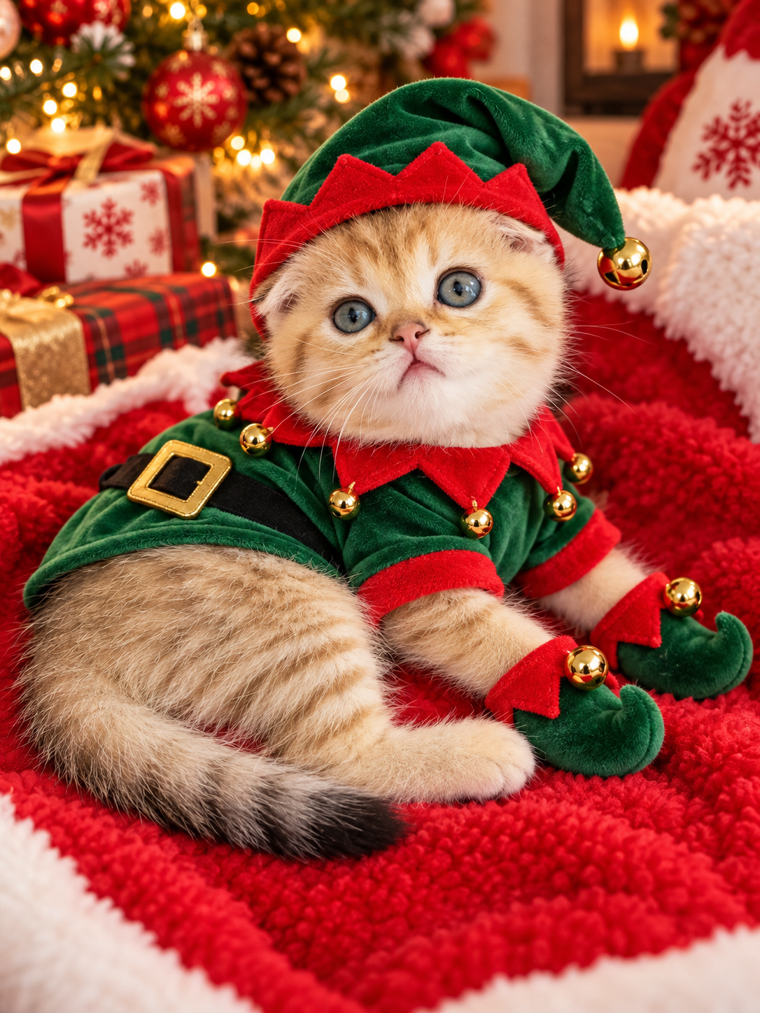 Adorable Scottish Fold Kitten in Elf Costume