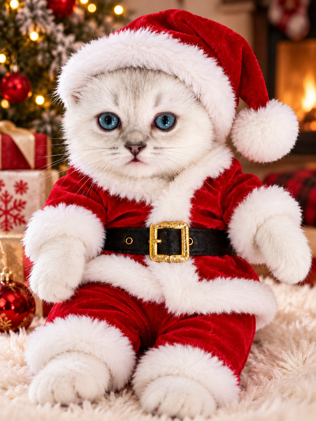 Adorable Scottish Fold Kitten in Santa Costume