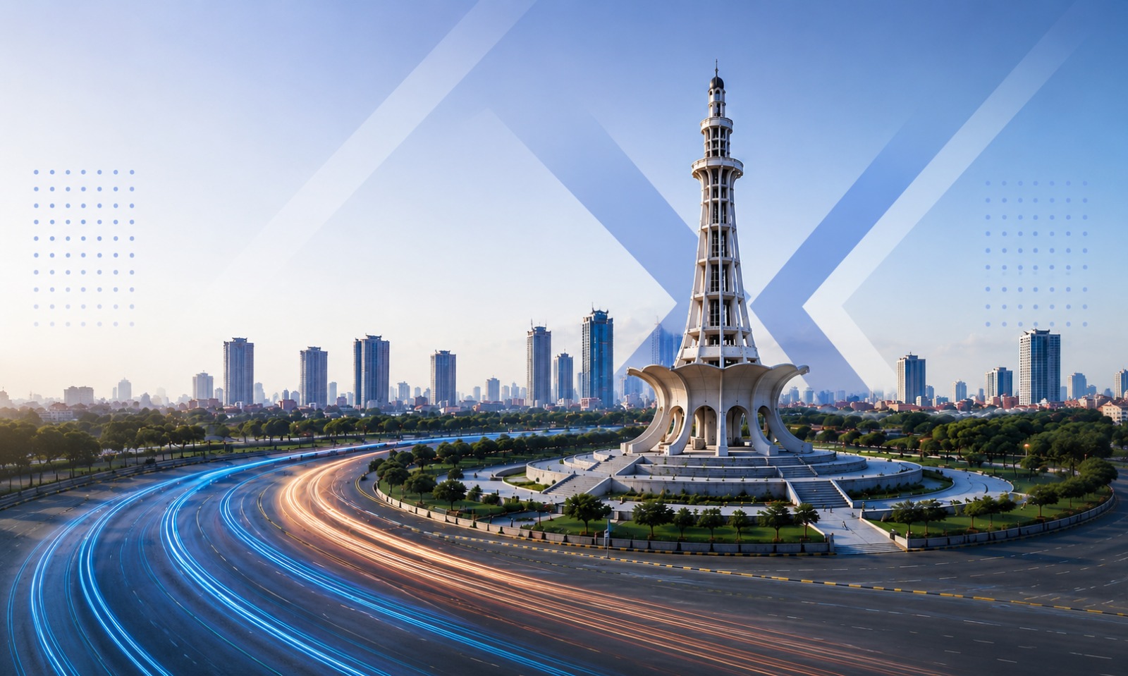 Minar-e-Pakistan with Lahore skyline and light streaks