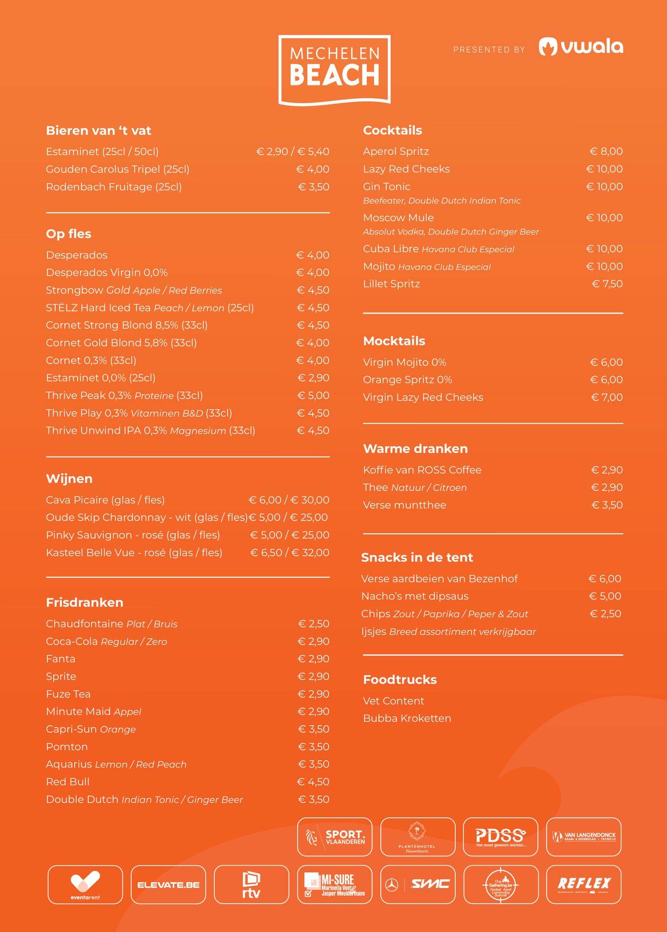 Drankkaart Mechelen Beach 2026 — bieren, wijnen, cocktails, mocktails, frisdranken, warme dranken en foodtrucks