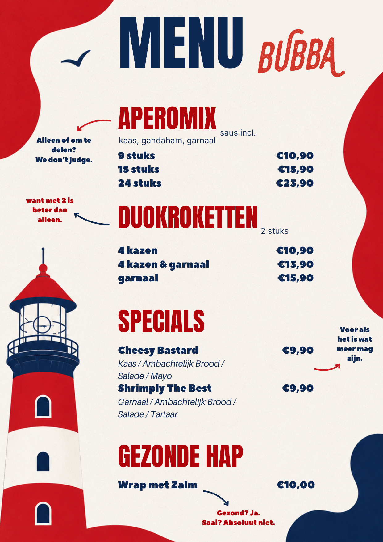 Menukaart Bubba Kroketten — aperomix, duokroketten, specials en gezonde hap