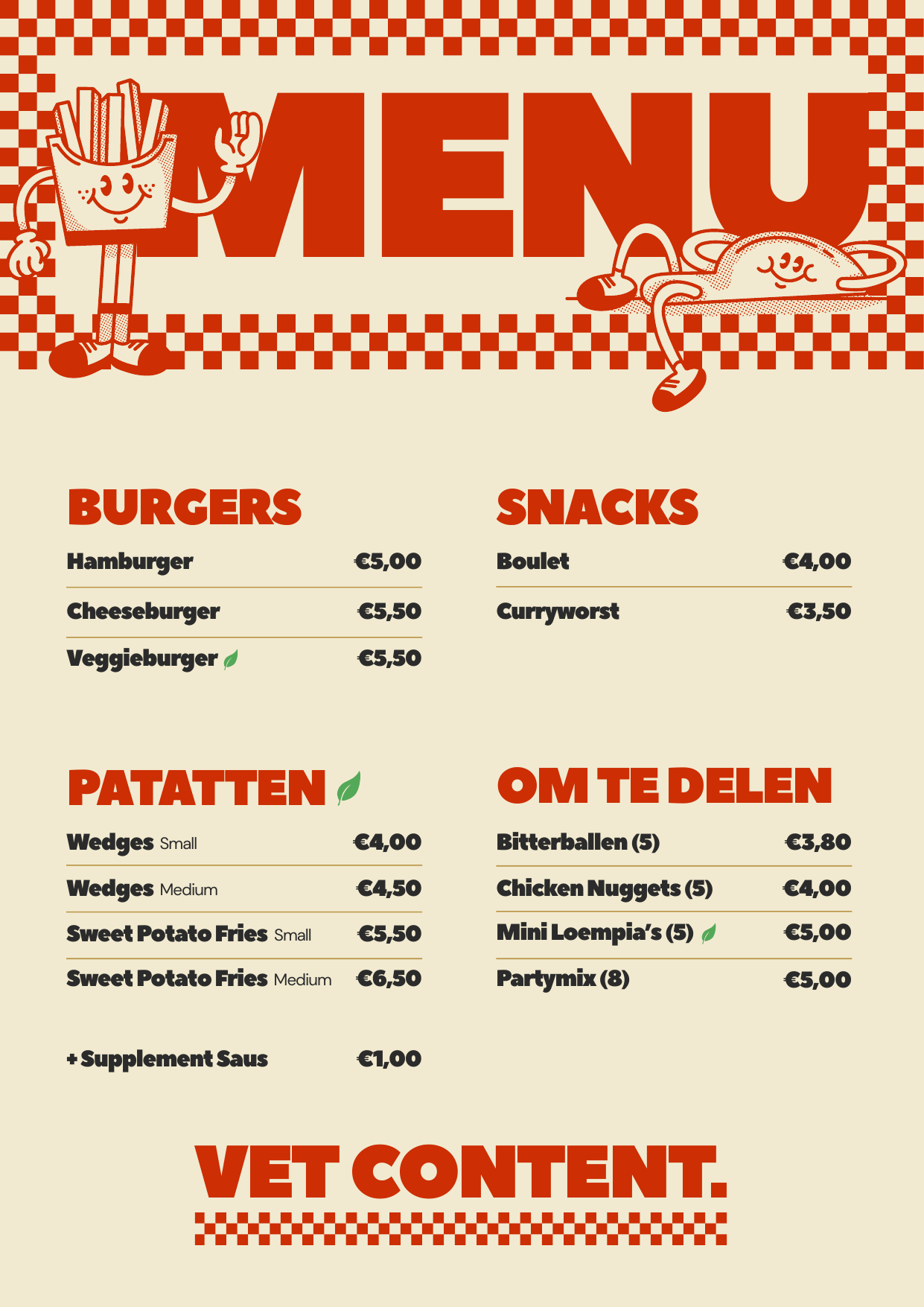 Menukaart Vet Content foodtruck — burgers, snacks, patatten en om te delen