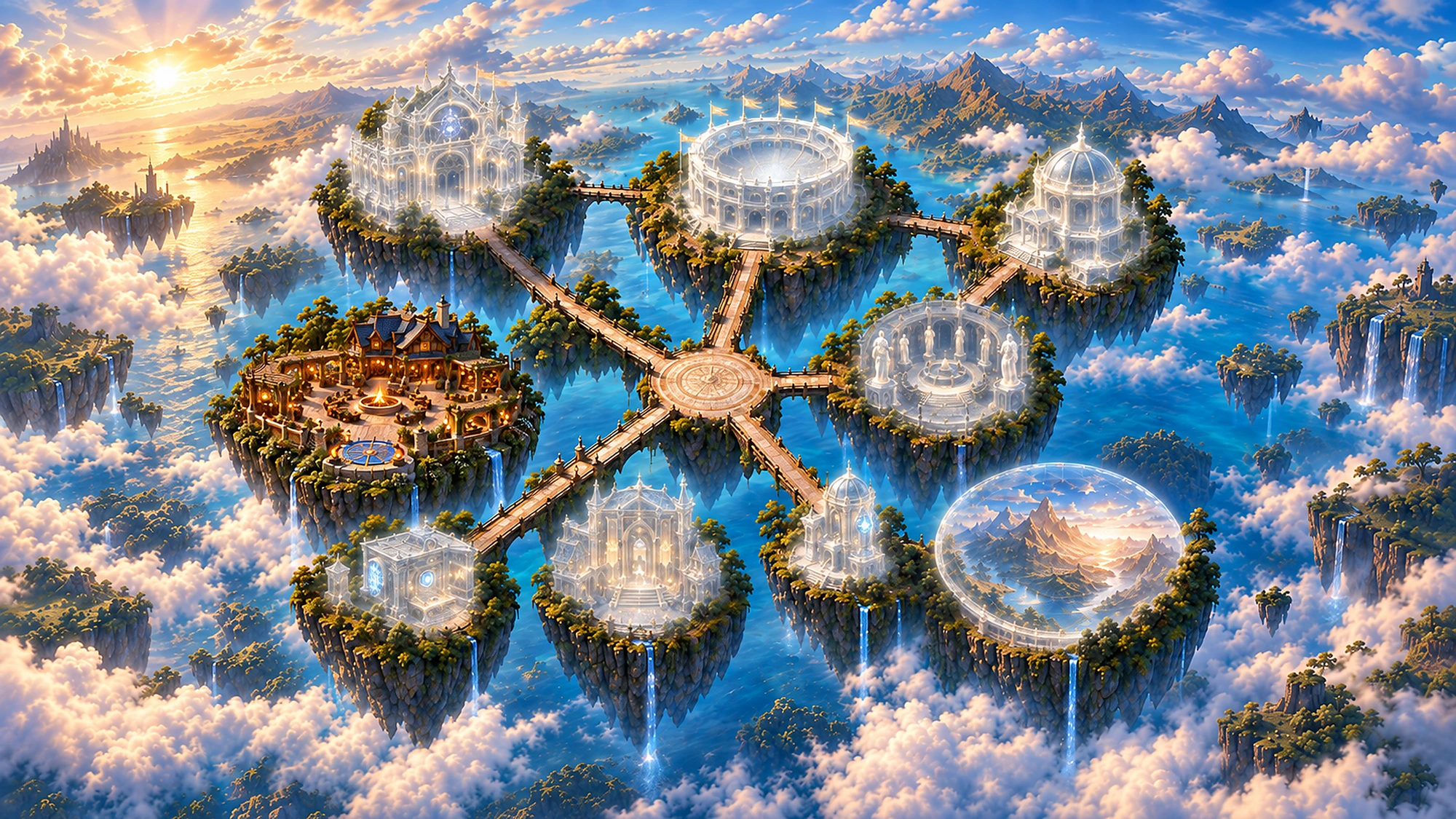 The Endeavorum World — the Commons burning warm, seven Places conjuring themselves in the mist