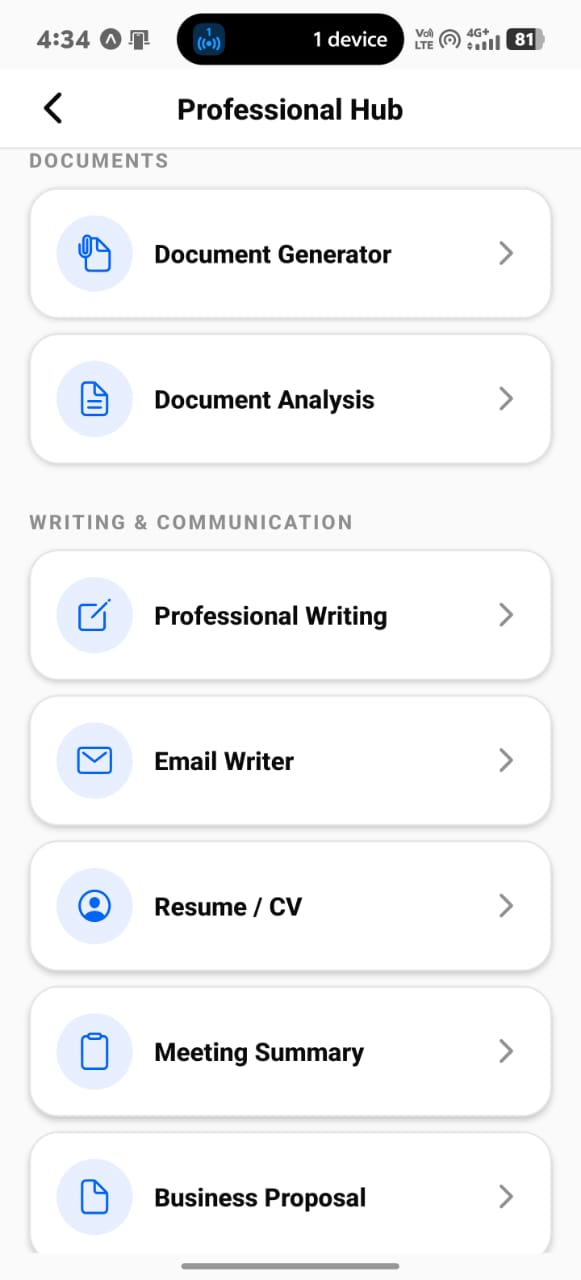 Professional Hub — documents real Orlis AI app screenshot