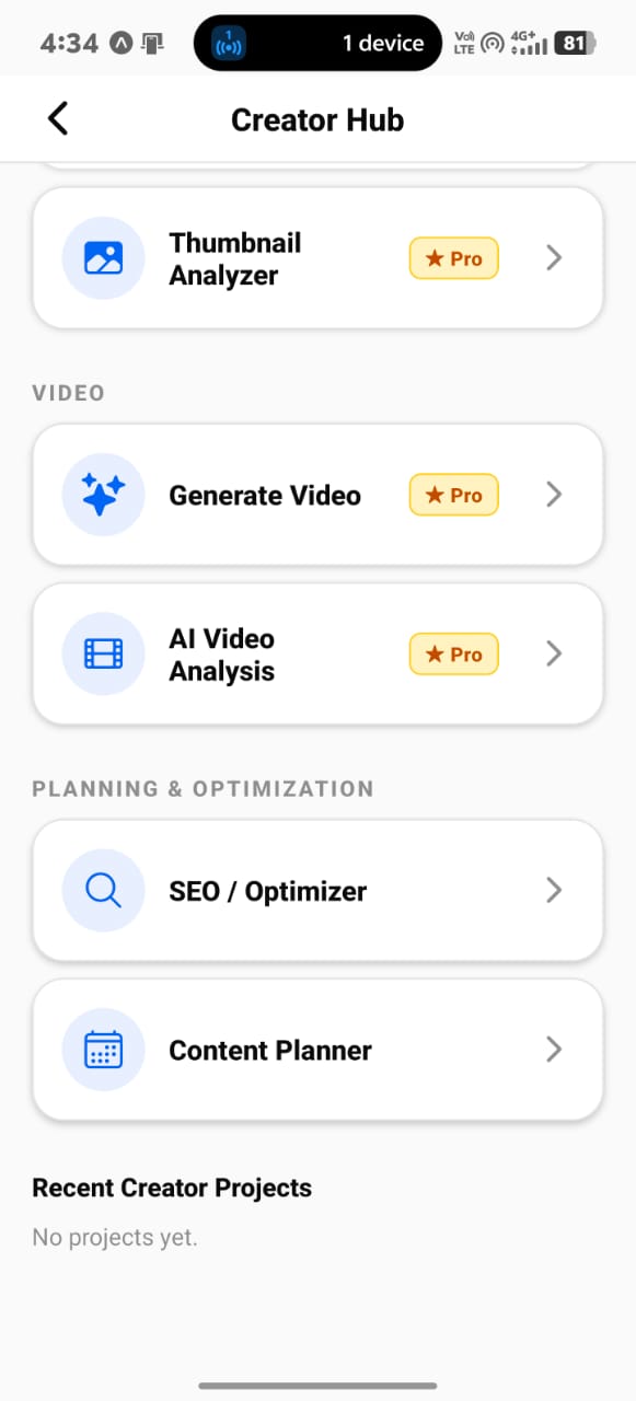 Creator Hub — video & optimize real Orlis AI app screenshot