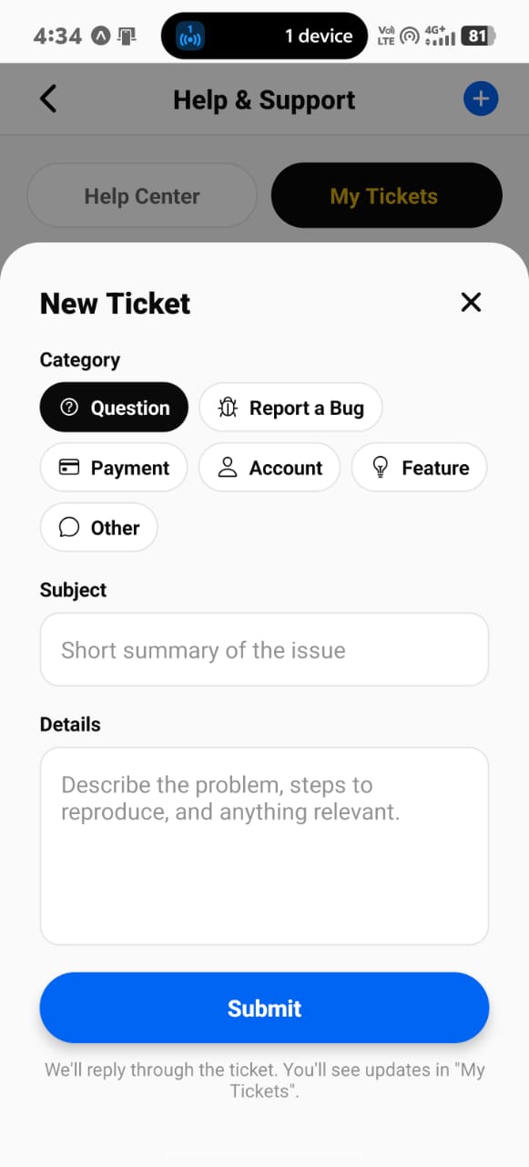Help & Support real Orlis AI app screenshot