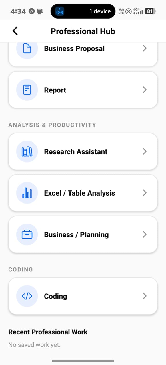 Professional Hub — analysis & coding real Orlis AI app screenshot