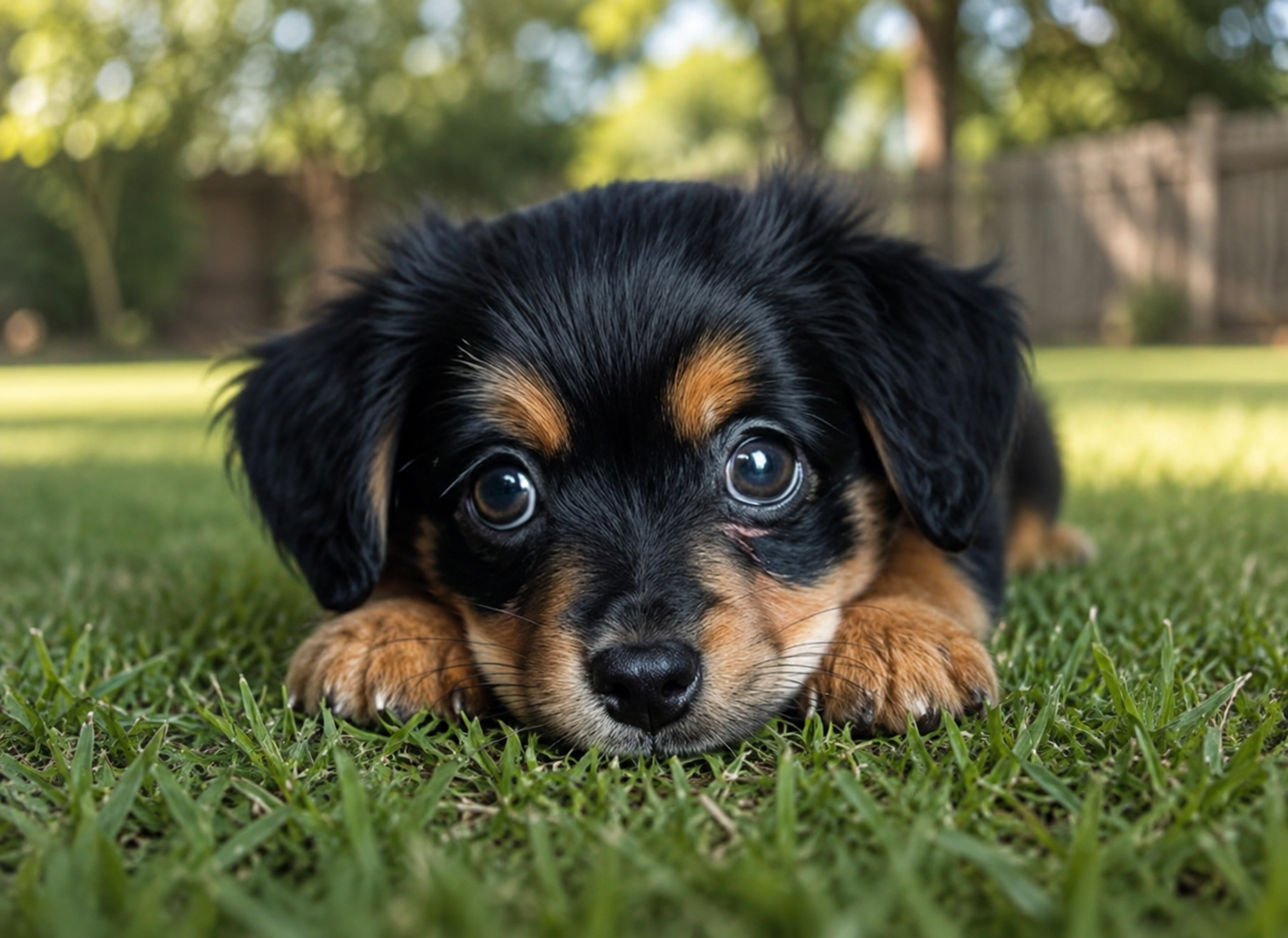 Cute puppy relaxing on a freshly cleaned green Lehi lawn