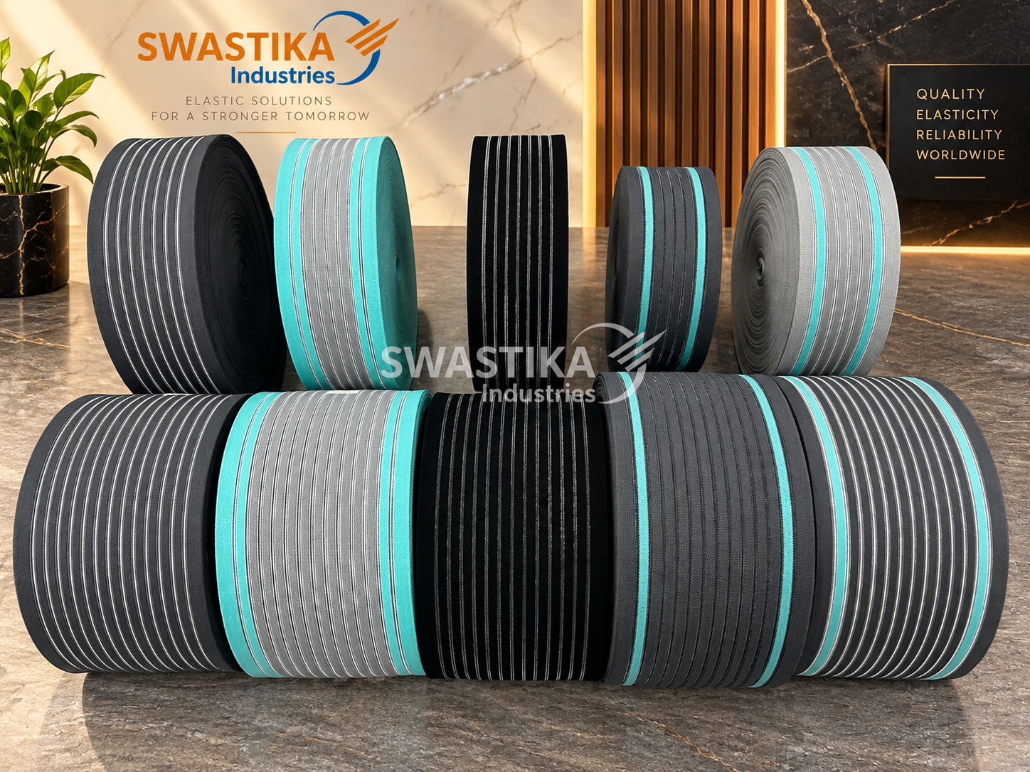 Stacked woven elastic rolls showing striped patterns