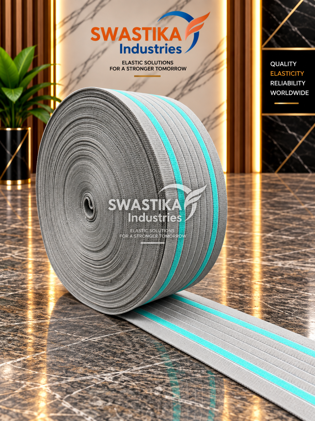 Light grey and turquoise woven elastic tape rolls by ELASTYN