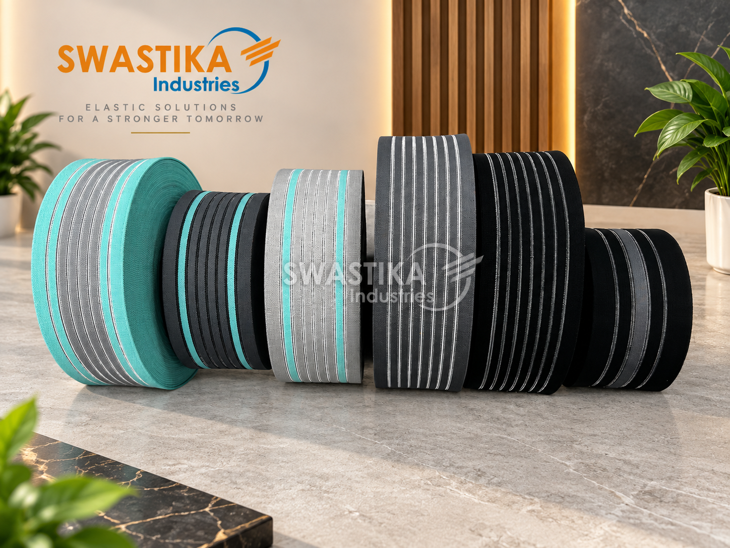 Woven elastic tapes unrolled to show weave and stripe finish