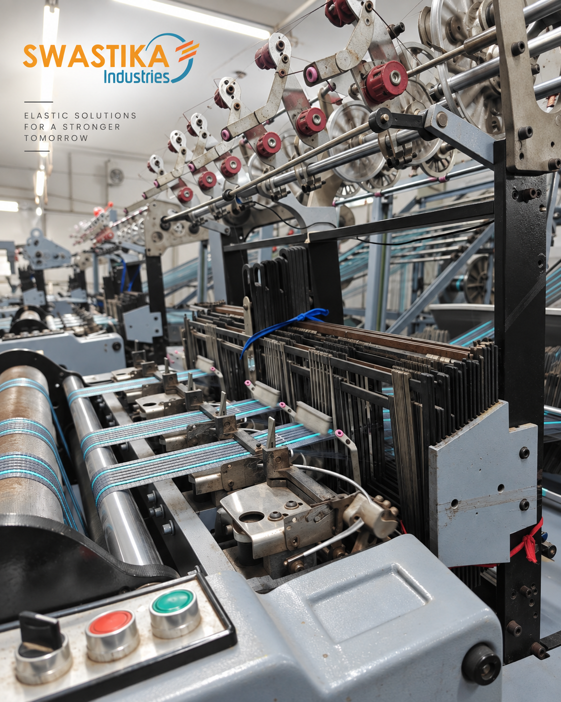 Woven elastic being manufactured on needle-loom machinery at Swastika Industries