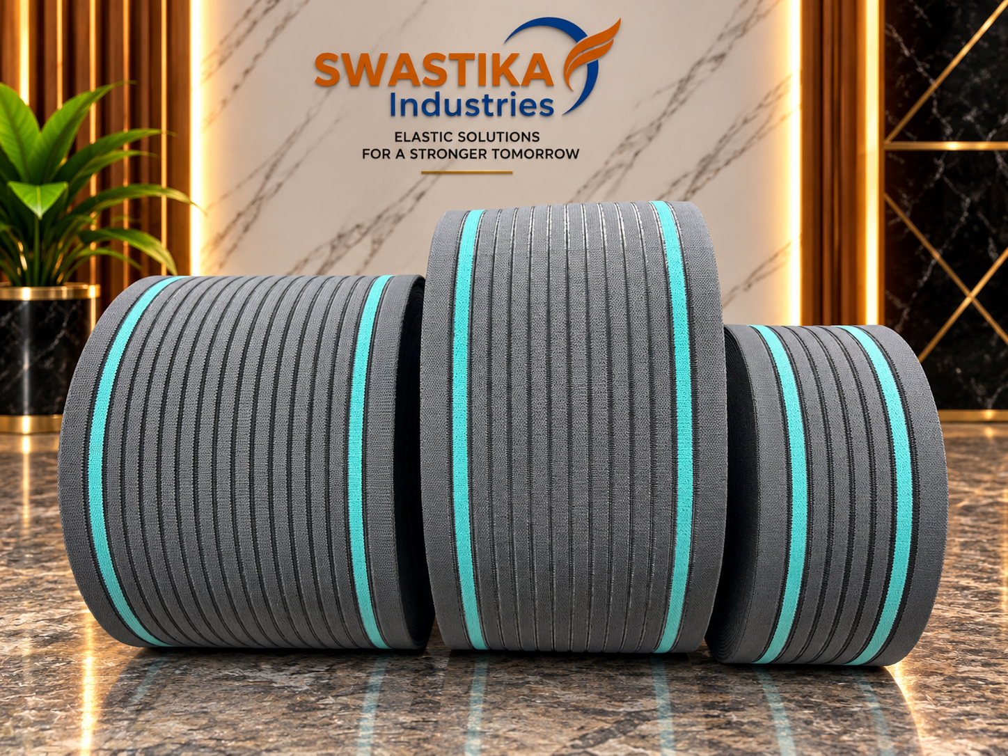 Grey and turquoise woven elastic tape rolls by ELASTYN