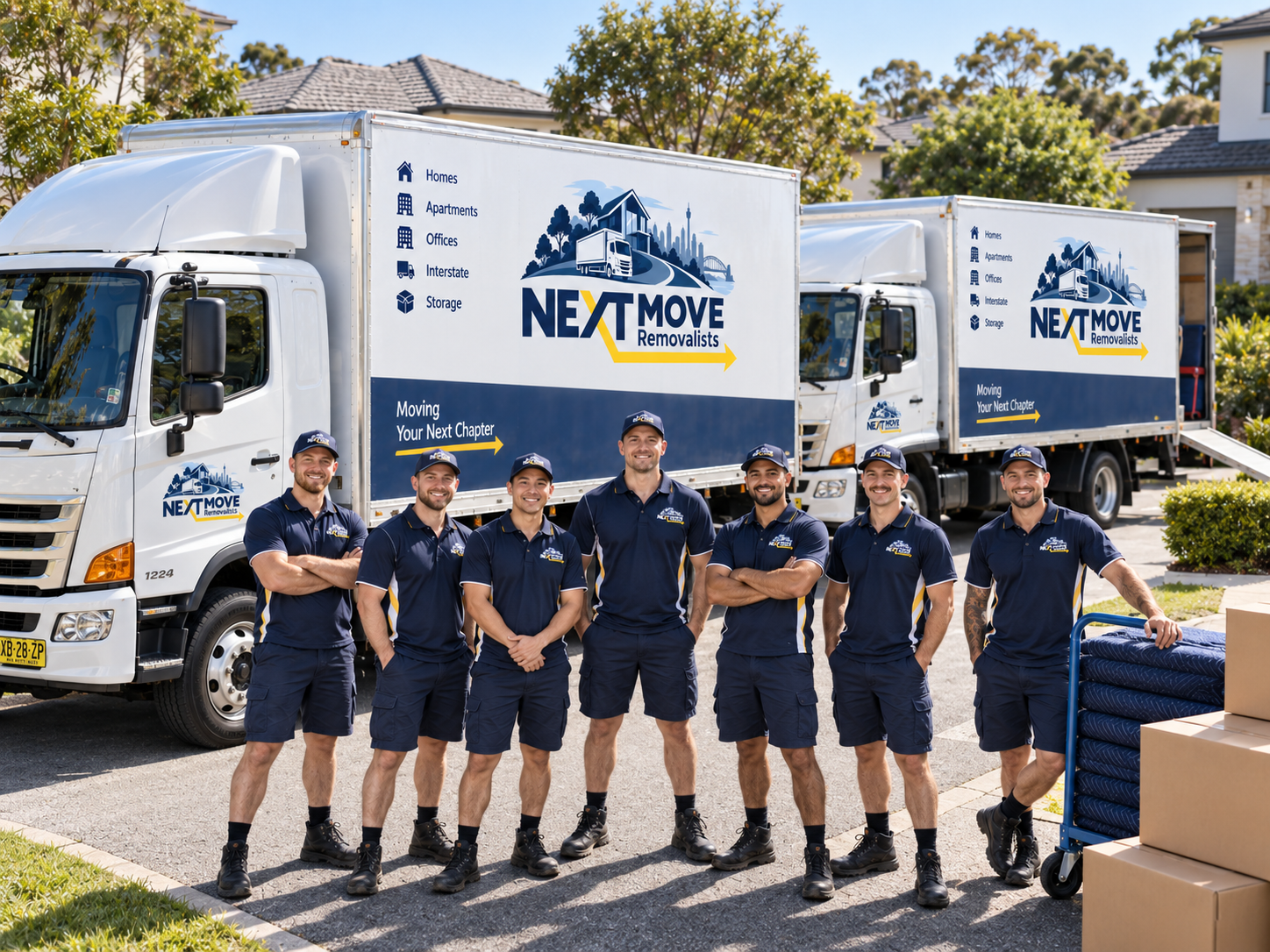 The NextMove Removalists team in front of branded trucks