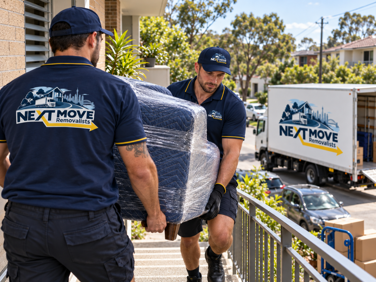 NextMove crew carrying a wrapped sofa up stairs to a new home