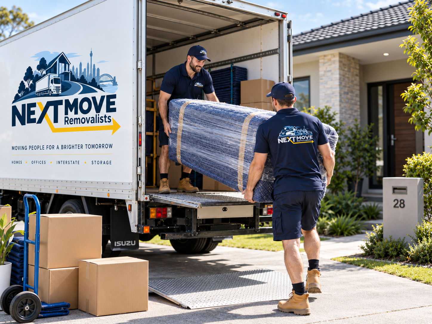 NextMove crew unloading a wrapped sofa from a branded truck at a customer's home