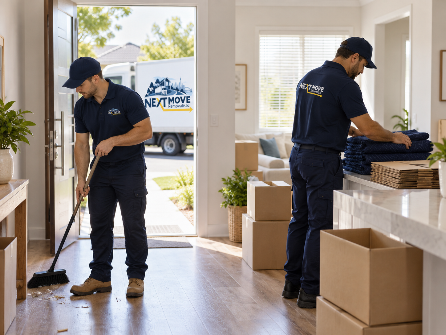 NextMove crew member sweeping during an end-of-lease clean