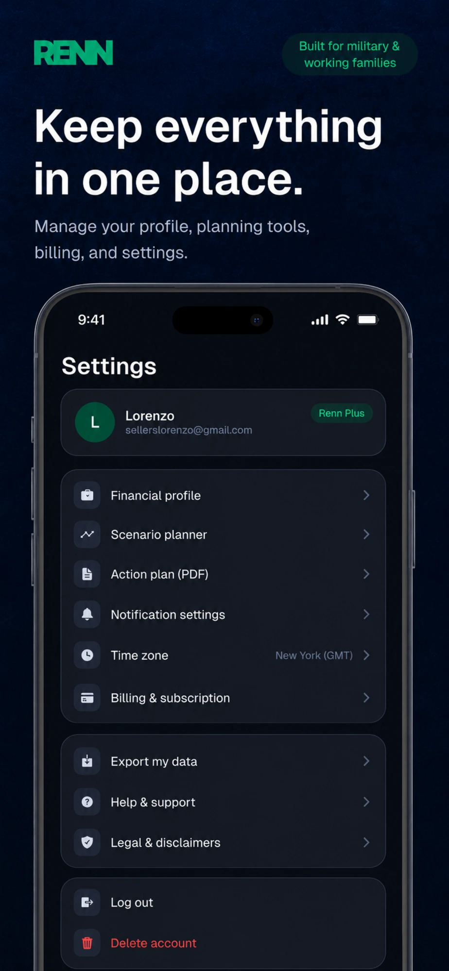 Renn settings and profile screen